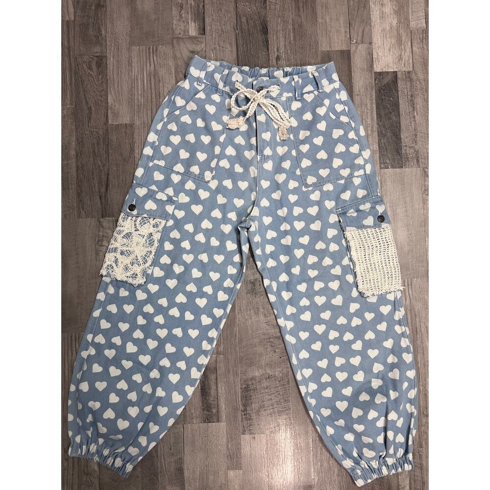 Coquette Heart Print Cargo Pants Womens Small Blue Cottagecore Lace Patchwork